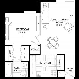 A one-bedroom apartment floor plan featuring a living and dining room, kitchen, bathroom, bedroom, and storage areas.
