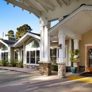 A welcoming entrance to a modern building with a landscaped exterior.
