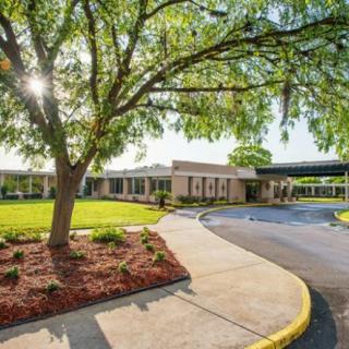 A sunny view of a building entrance surrounded by trees and landscaped grounds.
