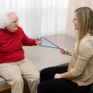 An elderly person participates in a physical therapy session with a caregiver.