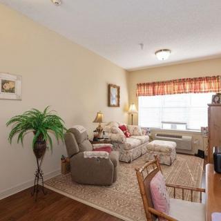 A cozy living room featuring a comfortable sofa, armchair, and various decorative elements like a plant and paintings.