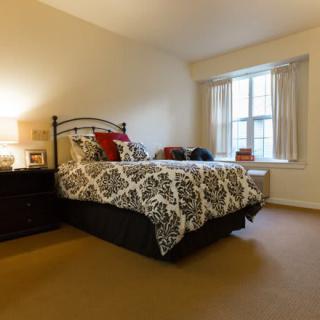 A cozy bedroom with a patterned bedspread, bedside lamp, and natural light from the window.