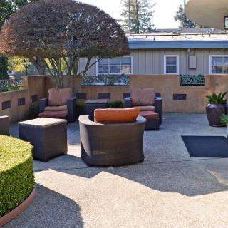 A cozy outdoor patio with comfortable seating surrounded by lush landscaping.