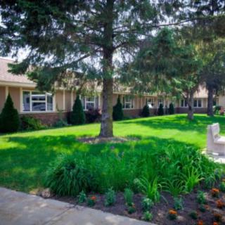 A beautifully landscaped garden with lush green grass, trees, and a pathway beside a building.