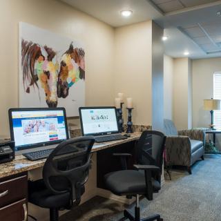A modern office space with computer workstations and artistic decor.