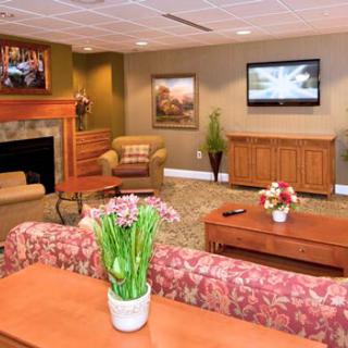 A cozy living room with a fireplace, comfortable seating, and decorative flowers.