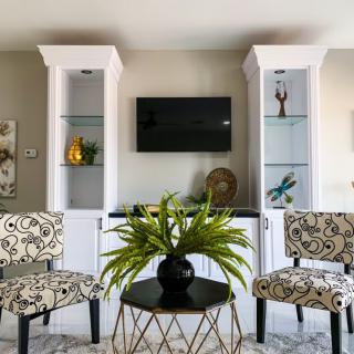 A modern living room with patterned chairs, decorative shelves, and a central plant arrangement.