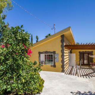 A charming yellow house with a garden in a sunny outdoor setting.