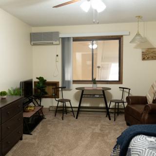 A modern living room with a table, chairs, sofa, TV, and air conditioner.