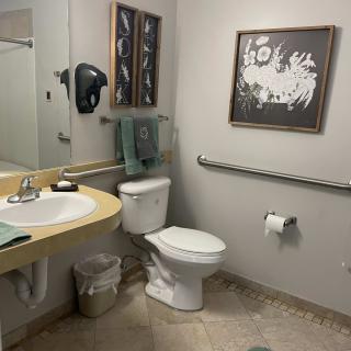 A clean and well-organized bathroom with a sink, toilet, and wall art.