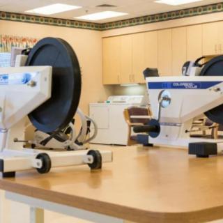 Optometry clinic with eye examination equipment.