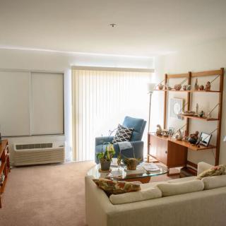 A cozy living room with a sofa, armchair, and wooden shelves.