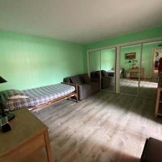 A cozy room featuring green walls and simple furnishings, perfect for relaxation.