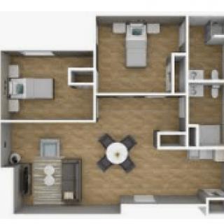 A top-down view of a residential floor plan with multiple rooms, including a kitchen, living area, and bedrooms.