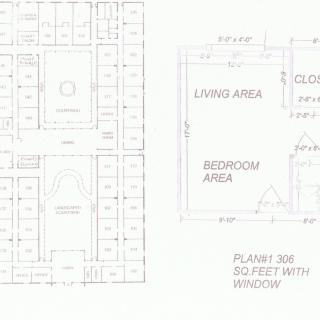 Architectural floor plan with living and bedroom areas.