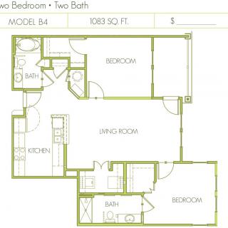 Two-bedroom, two-bathroom apartment floor plan with designated living room and kitchen areas.