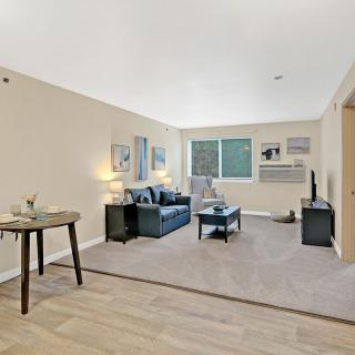 A spacious and well-lit living room with a sofa, coffee table, and television.