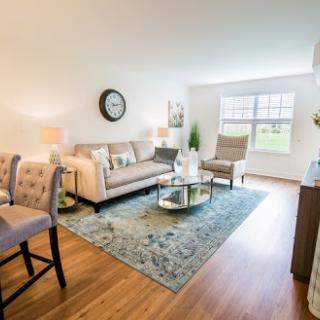 A bright and inviting living room featuring modern furniture and a cozy atmosphere.
