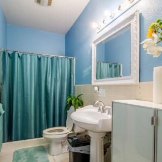 A bright bathroom with blue walls, featuring a white sink, large mirror, and teal shower curtain.
