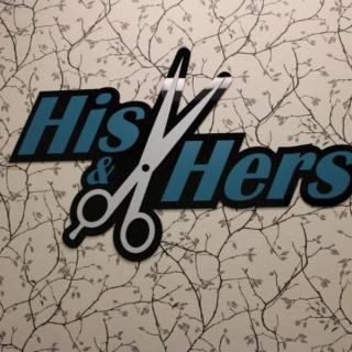 Logo with scissors design reading 'His & Hers' on a patterned background.