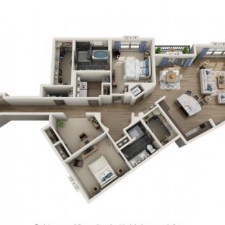 A 3D floor plan showcasing a detailed layout of an apartment with multiple rooms.