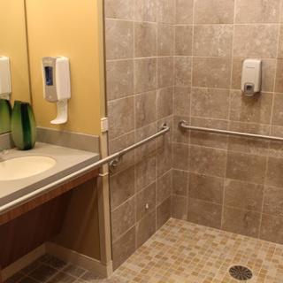 An accessible bathroom featuring a shower and amenities.