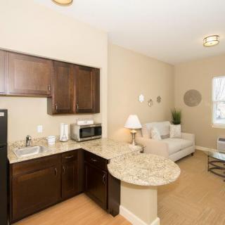A modern apartment interior with a compact kitchen and cozy living area.