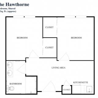 Floor plan of 'The Hawthorne' apartment featuring one bedroom, a living area, kitchen, bathroom, and two closets.