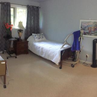 A tidy bedroom featuring a hospital bed, side table with a lamp, and natural light from a window.