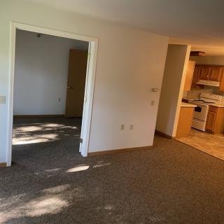 A view of an empty living space with carpeted flooring, showing the transition into a kitchen area.