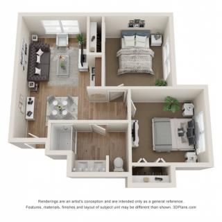 A 3D floor plan of a modern one-bedroom apartment featuring a living room, bedroom, kitchen, and bathroom.