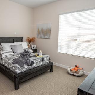 A cozy bedroom with neutral colors and modern decor.