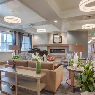 A modern and cozy living room with elegant lighting, comfortable seating, and lush plants.