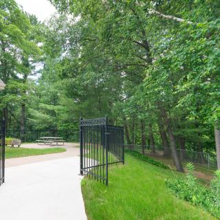 A serene park pathway lined with lush trees and a metal fence.