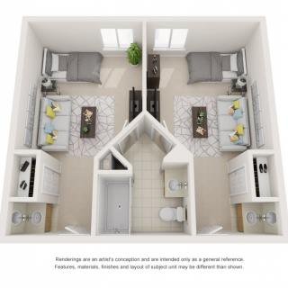 A top-down view of a two-bedroom apartment layout with shared bathroom and kitchen.