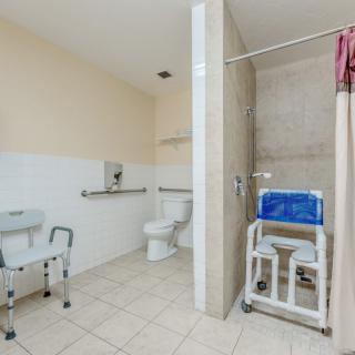 An accessible bathroom equipped with a shower chair and handrails for safety.