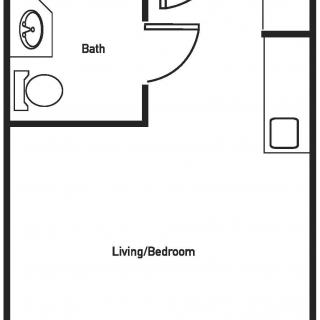 A simple floor plan of a studio apartment with a bathroom and living/bedroom area.