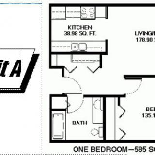 One-bedroom apartment floor plan with a total area of 585 square feet.
