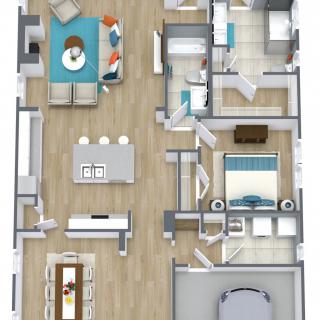 A detailed floor plan of a modern home showcasing various rooms including bedrooms, living area, kitchen, dining space, and garage.