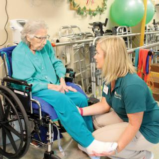 A healthcare professional assisting an elderly patient in a wheelchair during a physical therapy session.