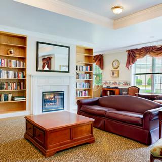 A cozy living room with bookshelves, a fireplace, and a leather sofa.