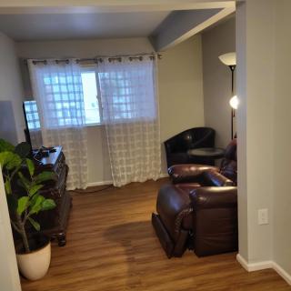 A cozy living room with leather chairs, a television, and an indoor plant, featuring wood flooring and soft curtains.