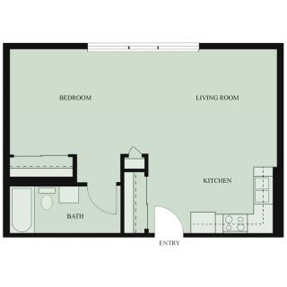 A simple floor plan showing a layout with a bedroom, living area, kitchen, and bathroom.