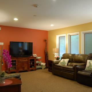 A cozy living room with colorful walls, featuring a sofa, television, and decorative elements.