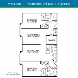 A floor plan of a two-bedroom, two-bathroom apartment measuring 1100 sq. ft.