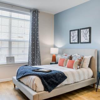A modern bedroom featuring a cozy bed with colorful pillows, a blue accent wall, and large windows allowing for natural light.