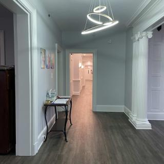 A stylish hallway featuring modern lighting and elegant wood flooring.