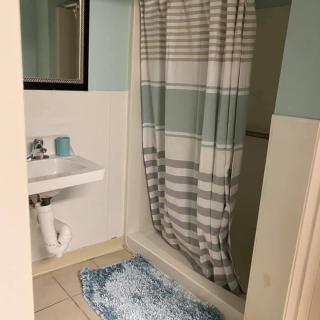 A bathroom with a shower and curtain, sink with a mirror, and a blue rug.