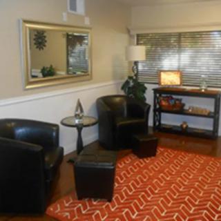 A modern living room with leather chairs, an orange patterned rug, and a large mirror.