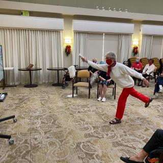 A group of elderly individuals participating in an indoor exercise session focusing on balance and movement.